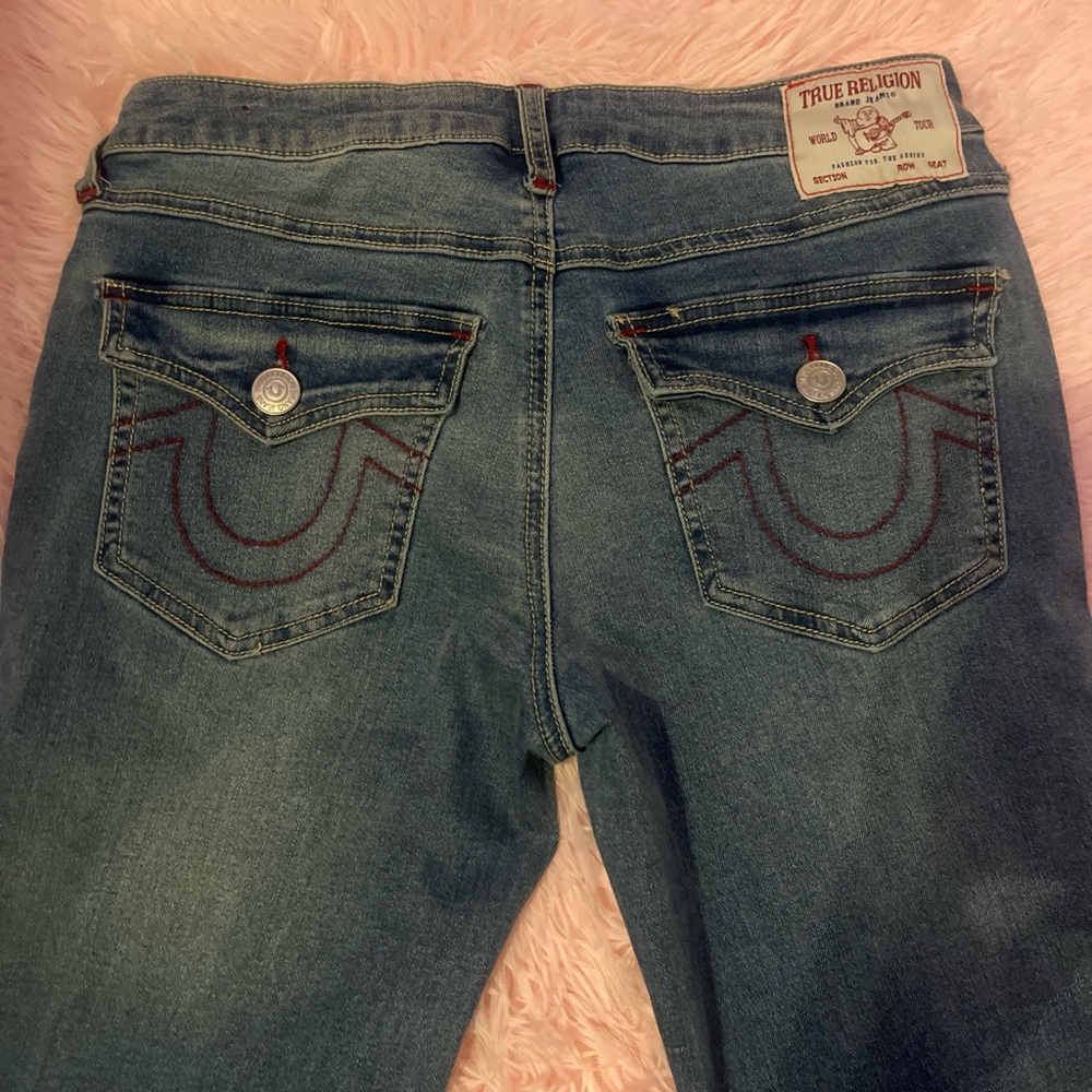 True Religion Women's Medium Blue Bootcut Jeans with Signature Back Pockets